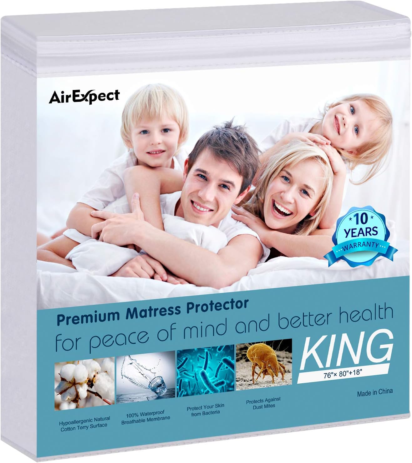 AirExpect Waterproof Mattress Protector King Size 100% Cotton Hypoallergenic Breathable Mattress Pad Cover, 18โ Deep Pocket, Vinyl Free - 76โ x 80โ
