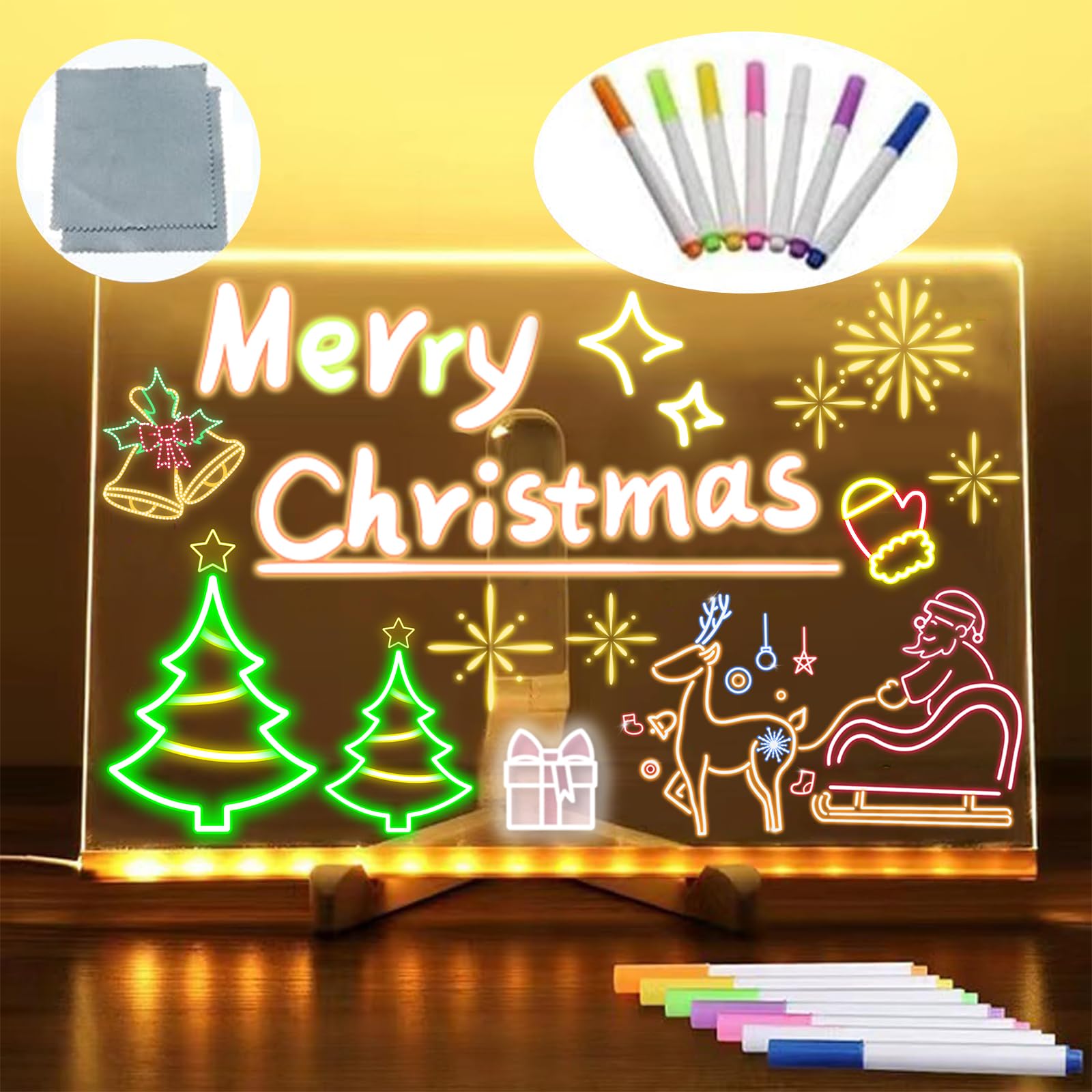 Acrylic Board, Drawing Tablet, 11.81 * 7.87 In With Rag And Stand Creative Rewritable Acrylic Message Board, Drawing Board With 7 Color Pens, Art Doodle Board Glowing for Home School Office (White)