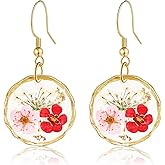 Forget Me Not and Queen Anne's Lace Pressed Wildflower Earrings, Dainty Sterling Silver Drop Dangle Earrings for Women