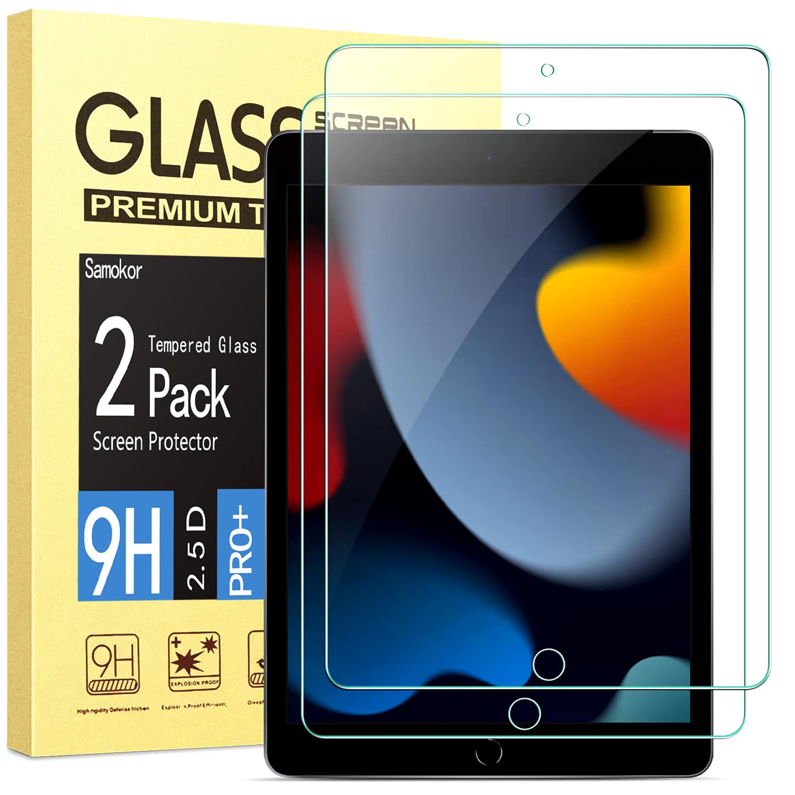 Samokor 2-Pack Screen Protector iPad 9/8/7 Gen (iPad 10.2 inch 2021/2020/2019),9H Hardness,Anti-Scratch,HD Clarity,Bubble-Free,Tempered Glass Film iPad 9/8/7 Gen/10.2"