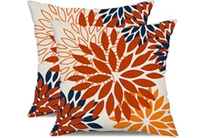 DFXSZ Orange Blue Flower Pillow Covers 18x18 Inch Set of 2 Fall Throw Pillows Outdoor Waterproof Decor for Living Room Sofa Patio Funiture Garden Floral Linen Cushion Case