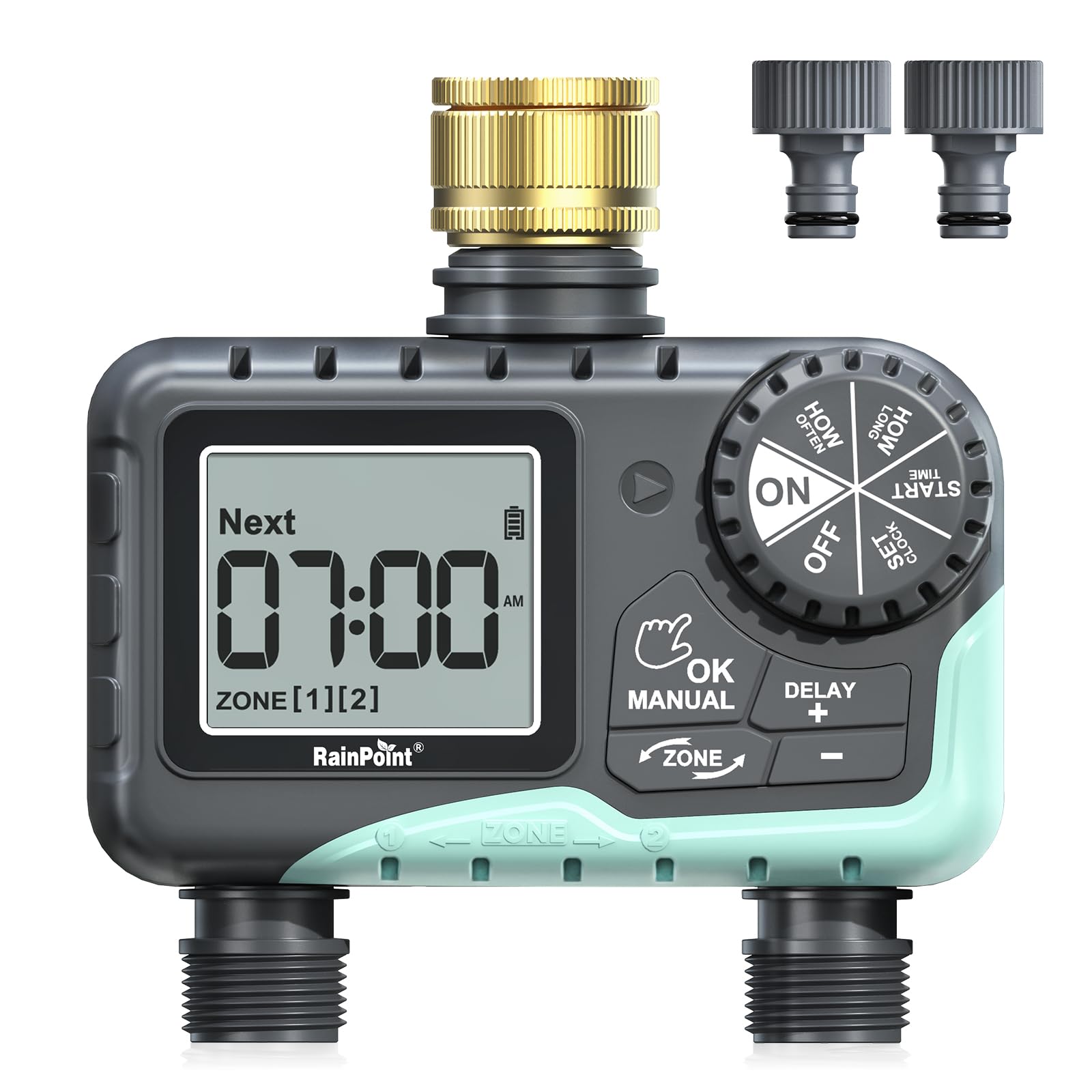 RAINPOINT Water Timer 2 Outlets, IP65 Waterproof Garden Hose Irrigation Timer with Brass Inlet, Rain Delay/Manual Watering, Automatic Watering System for Garden, Yard, Lawn, 2 Zone