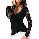 Allegra K Women's Lace Long Sleeve Tops Fitted Cross Wrap Ruched Party Deep V Neck Top
