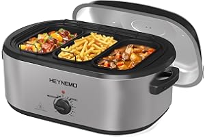 Kiss the Water -24 Quart Roaster Oven, Electric Roaster with 3 Compartments and Self-adhesive Lid, Stainless Steel Large Elec