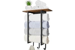 ELITEROO Towel Racks for Bathroom Wall Mounted, Towel Holder with Wooden Shelf and 3 Hooks for Washcloths Hand Towel, Bath Towel Storage Organizer for Small Bathroom, RV, Rustic Brown