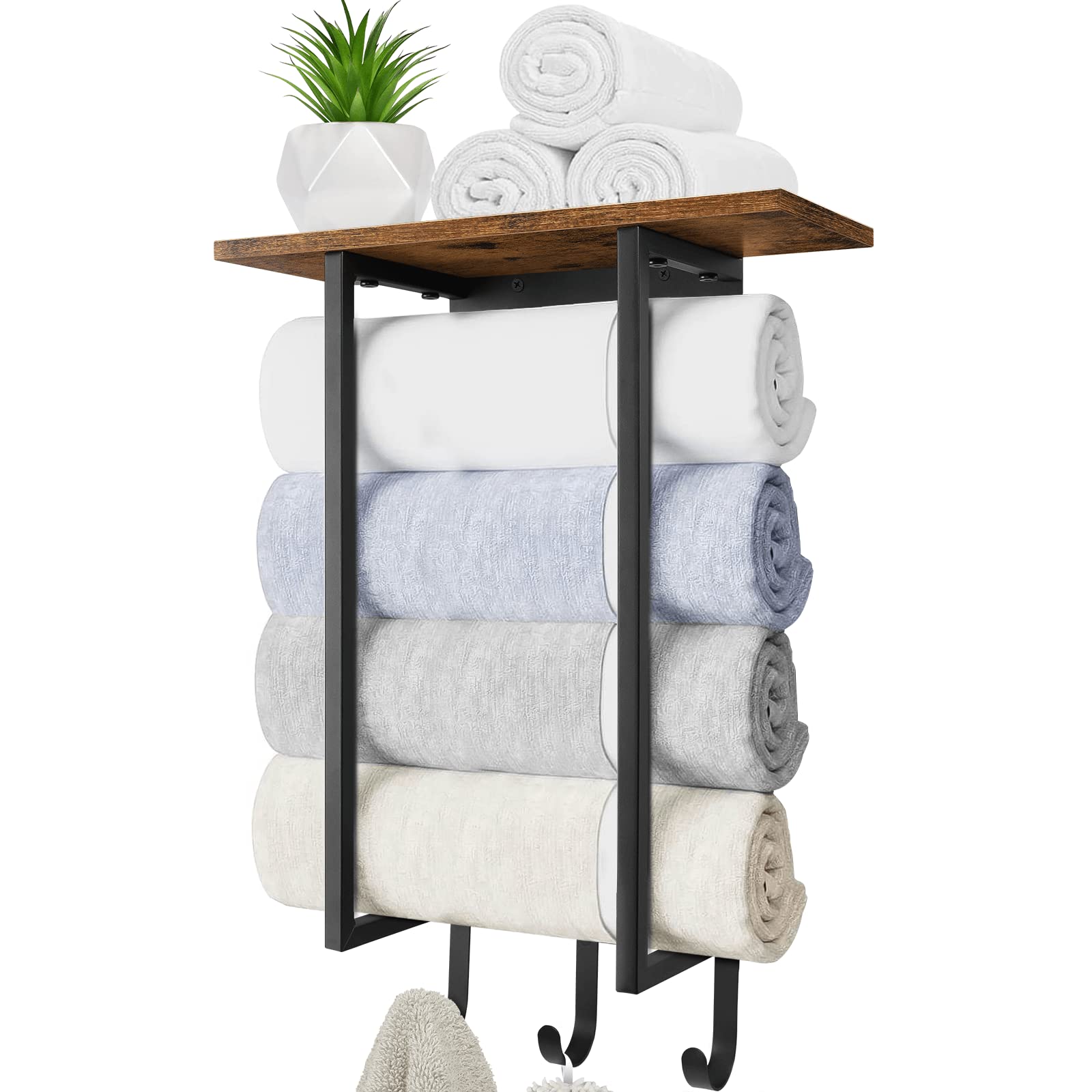 Photo 1 of ELITEROO Towel Racks for Bathroom Wall Mounted, Towel Holder with Wooden Shelf and 3 Hooks for Washcloths Hand Towel, Bath Towel Storage Organizer for Small Bathroom, RV, Rustic Brown