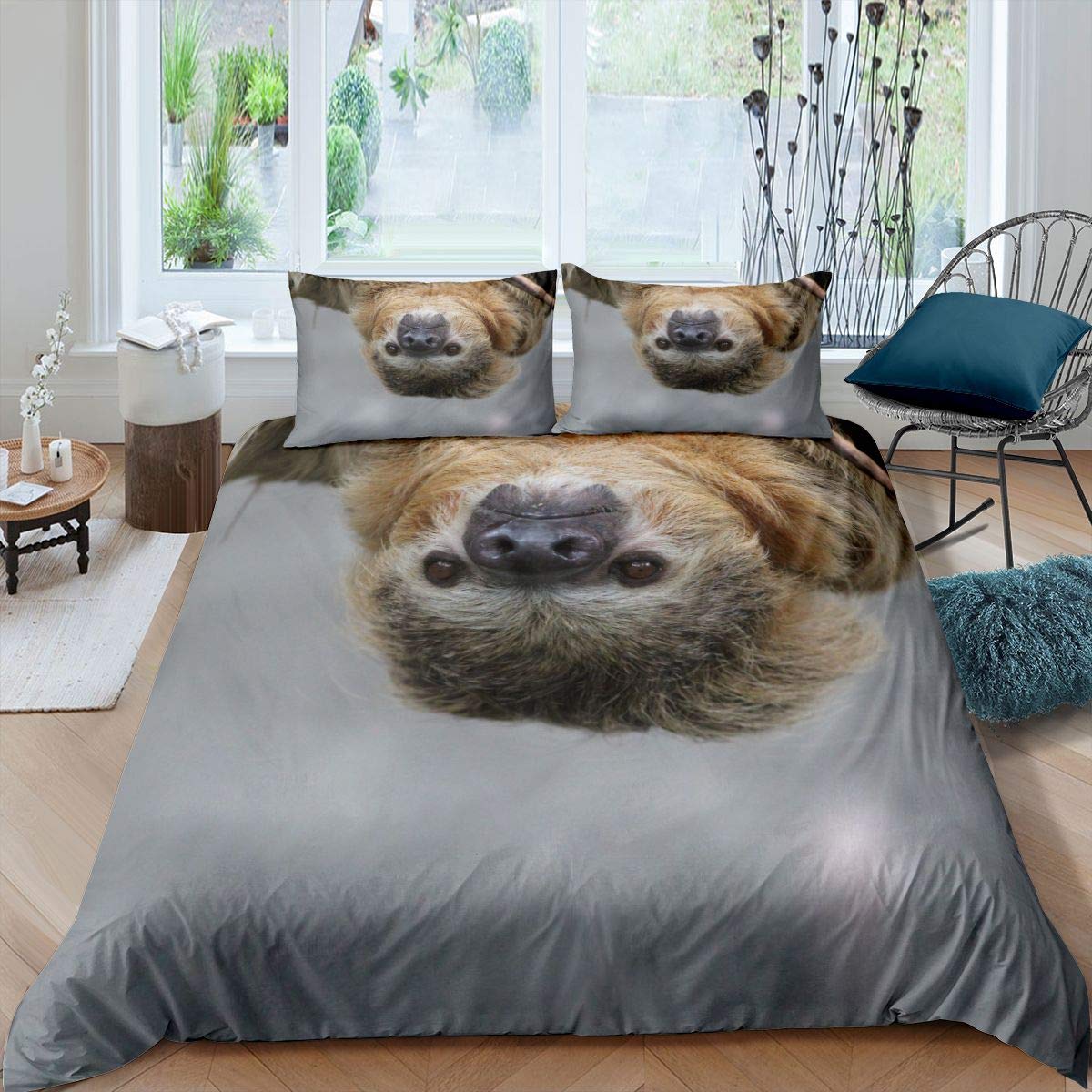Homemissing Sloth Comforter Cover 3D Animal Bedding Set for Boys Girls Wild Sloth Duvet Cover Natural Bedspread Cover Double Size 3Pcs