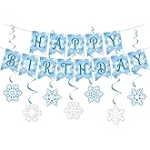 Zwiebeco Blue White Snowflakes Happy Birthday Party Decoration Sign Banner Hanging Paper Swirls for Kids Girls Womens Adults Winter Wonderland Themed Accessories Supplies