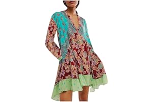 GOHRSHA Womens Boho Patchwork Mini Dresses Long Sleeve V Neck Boho Floral Ruffle Mini Dress Oversized Babydoll Dress