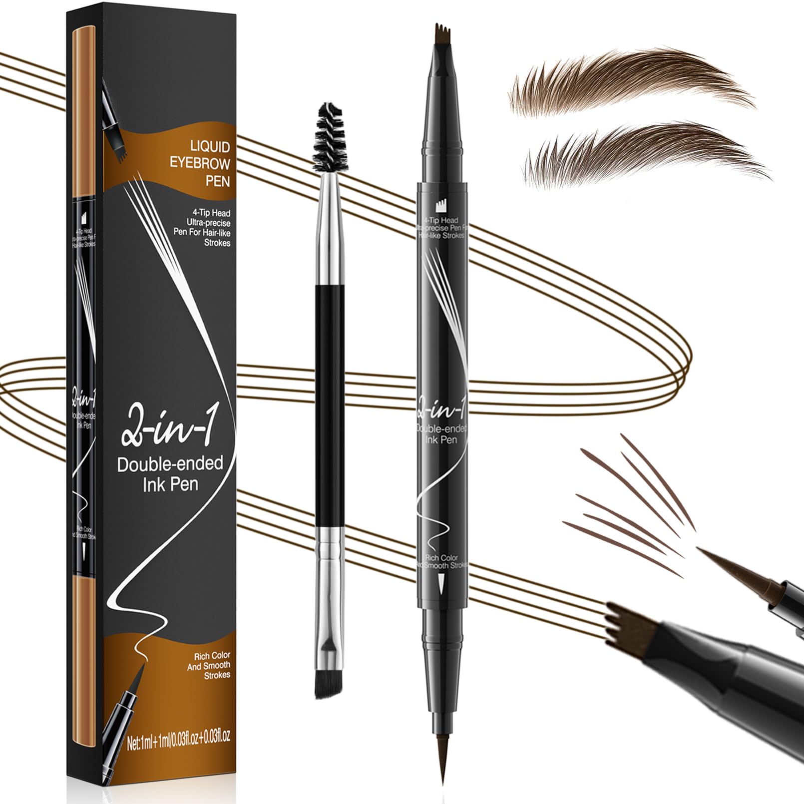 Eyebrow Pen, Eyebrow Pencil 2-in-1 Dual-Ended Microblading Eyebrow Pen with 4-Fork-Tip & Precise Brush-Tip Create Natural Hair Like Strokes, Waterproof Eyebrow Pencil for All-Day-Wear, Dark Brown — image 1