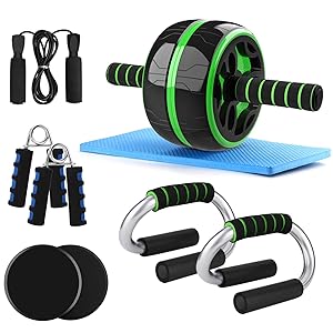 Odoland 6-in-1 Large Size AB Wheel Roller Set with Push Up Bars Gliding Discs Jump Rope Hand Exerciser Knee Pad, Home Gym Workout Set for Body Training