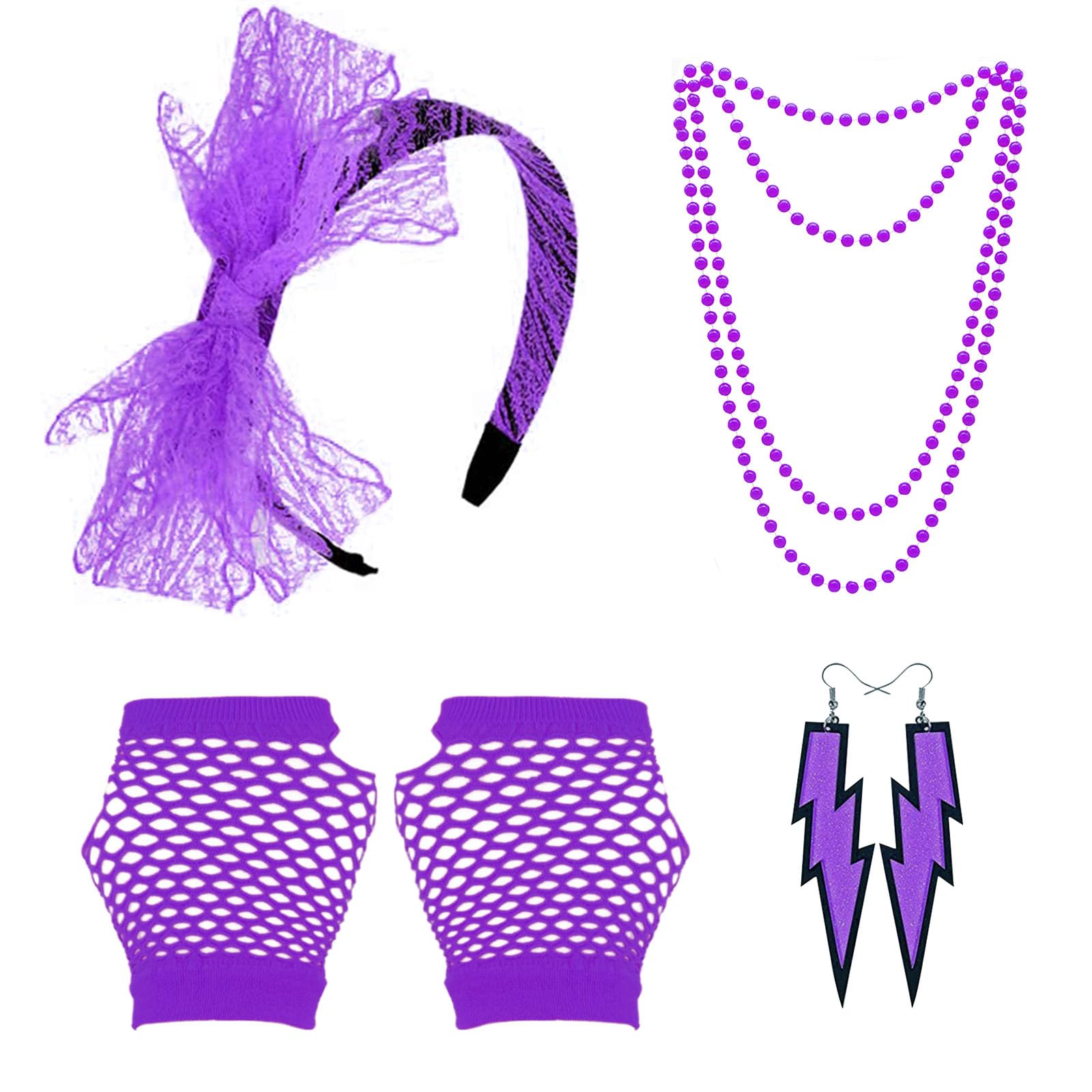 Grantop 80s Fancy Dress Costume Accessories for Women, 1980s Fancy Party Costume Set with Lace Headband Earrings Necklace Fishnet Glove, Fancy Party Costume for Retro Party (Purple) — image 1