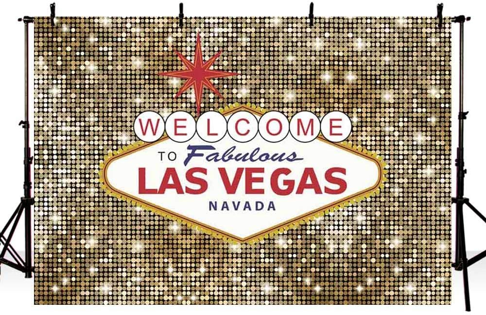 MEHOFOND 7x5ft Welcome to Las Vegas Party Background Fabulous Casino Poker Vintage Gold Round Sequin Photography Backdrop Photo Shoot Decor Banner Portrait Photo Booth Props Supplies