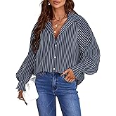 Paintcolors Women's Cotton Pocketed Button Up Shirts Long Billowy Sleeves Blouse V Neck High Low Statement Tunics Tops