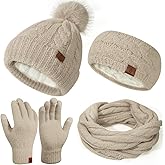 Womens Beanie Hat Infinity Scarf Touchscreen Gloves Fleece Headband 4 in 1 Winter Clothes Set Gifts for Women