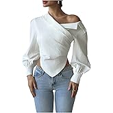 OYOANGLE Women's Bishop Long Sleeve Asymmetrical Neck Blouse Textured Fitted Going Out Tops