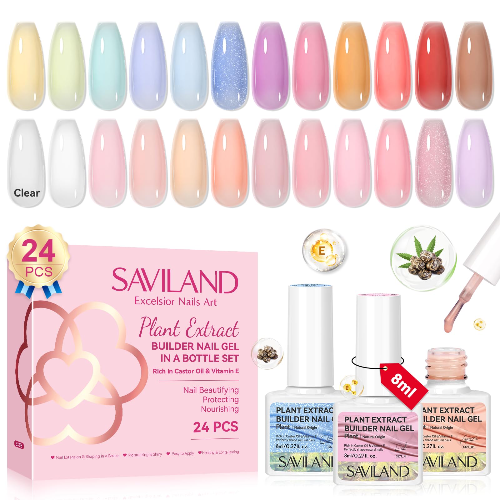 SAVILAND Builder Nail Gel: 24 Colors Castor Oil Builder Nail Gel Kit Vitamin E Nail Strengthener Hard Gel Nail Extension Builder Gels in a Bottle Home Women Builder Gels for Nails Nail Care Repair