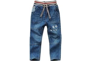 JIAYOU Toddler Kid Boy Elastic Mid Waist Washed Full Length Straight Pants Denim Jeans