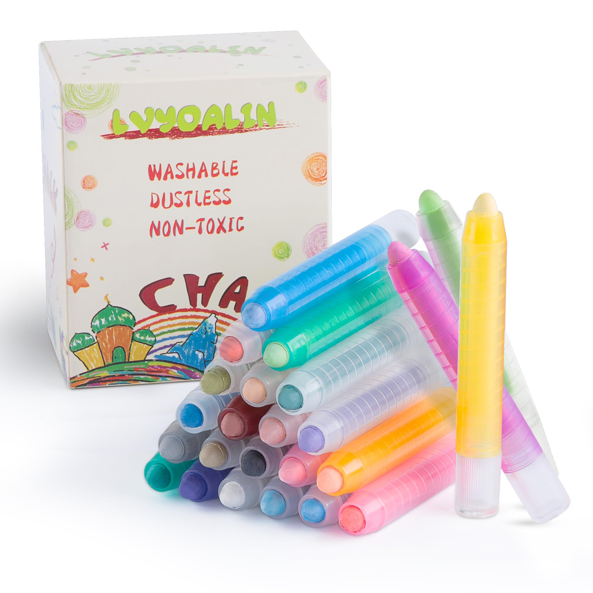 LVYOALIN Dustless Chalk for Kids,Non-toxic Colored Sidewalk Chalk With Holder for Kids, 24 Colored Washable Toddlers Chalks for Blackboard Drawing Writing-christmas gifts for grandkids (24 PACK)