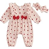 COORALLY Baby Girls Cotton Linen Rompers Bowknot Ruffles Long Sleeve Bodysuits Jumpsuit with Headband