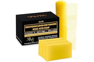 VALITIC Brightening Lemon and Turmeric Kojic Acid Soap - Vitamin C, Retinol - Original Japanese Complex with Hyaluronic Acid, Vitamin E, Shea Butter, Castile Olive Oil - 3 Pack and African Net Sponge