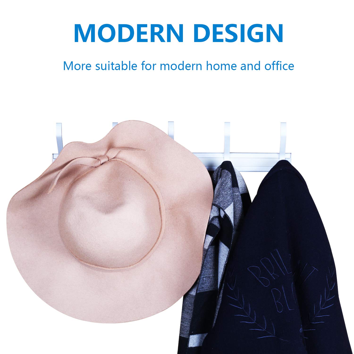 Insnew Coat Rack Wall Mounted - Coat Hook Rack Rail Hanger to Hang Coat Clothes, Purse, Hat, Towel, Key - White Finish Satin Nickel Portable 5 Hooks for Entryway, Kitchen, Bathroom, Door, Closet Room