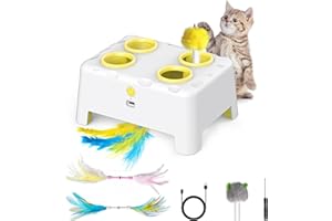 BOLPETIZO Cat Toys, Interactive Cat Toys, 2-in-1 Moving Concealed Feathers, 4 Holes Mice Whack A Mole Cat Kitten Toy Exercise Toys for Indoor Bored Adult Cats, USB Rechargeable Electronic Kitten Toys (White)