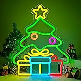 Christmas Tree Neon Sign Gift Box Xmas Neon Light Neon Christmas Decorations Dimmable Led Neon Light Up Sign for Wall Decor Party Kids Gift Winter Home