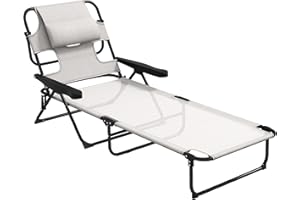 Outsunny Tanning Chaise Lounge Chair, 4-Position Beach Chair with Face & Arm Holes, Pillow headrest, Adjustable Sunbathing Chair, Cream White