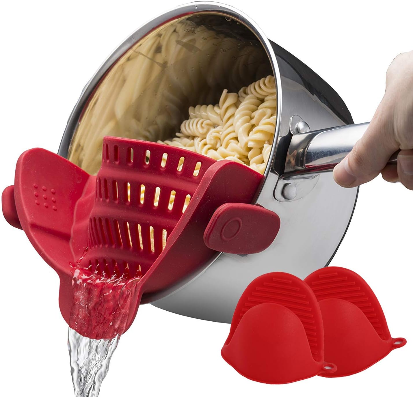 MEW Clip On Strain Strainer and Small Silicone Mitts, Flexible Food Colander for Draining Spaghetti, Ground Beef and Vegetables Fits all Pots and Bowls