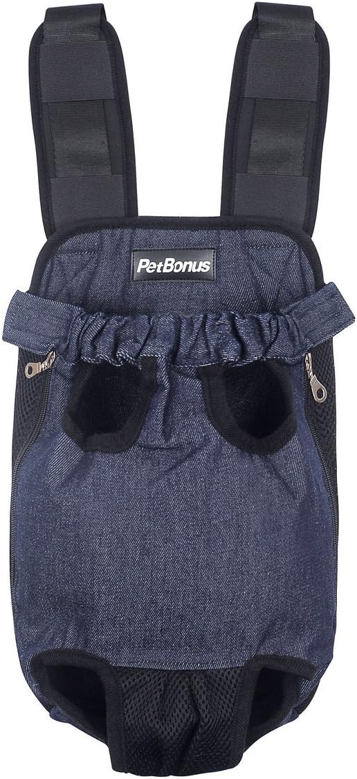 PetBonus Denim Blue Front Kangaroo Pouch Dog Carrier,Wide Straps with Shoulder Pads,Adjustable and Legs out Pet Backpack Carrier,For Walking,Travel,Hiking,Camping(Large)