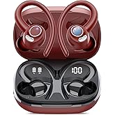 Jesebang Wireless Earbuds Bluetooth 5.4 Headphones Sport, 2025 Wireless Earphones with Earhooks, HiFi Stereo Deep Bass with ENC Mic, 40H Dual LED Display, IP7 Waterproof Ear Bud for Small Ear, Red