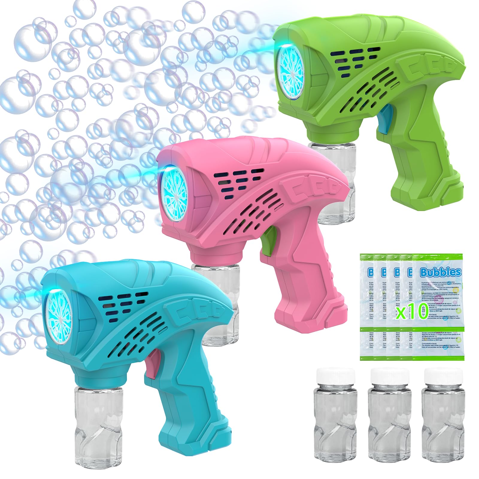 Photo 1 of Panamalar 3 Packs Bubble Guns for Kids, Bubble Machine 5000+ Bubbles Per Minute with 3 Bottle Solution/10 Bag Refills/Lights, Portable Bubble Blower Toy Bubble Gun Blaster for Outdoor Party Wedding