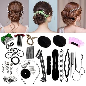 Amazon.com: Luckyfine Juego de peinado para el cabello, accesorios para peluquería, pinzas mágicas para el pelo, almohadillas de espuma, moños, donas, horquillas, accesorio de herramienta, color negro: Beauty