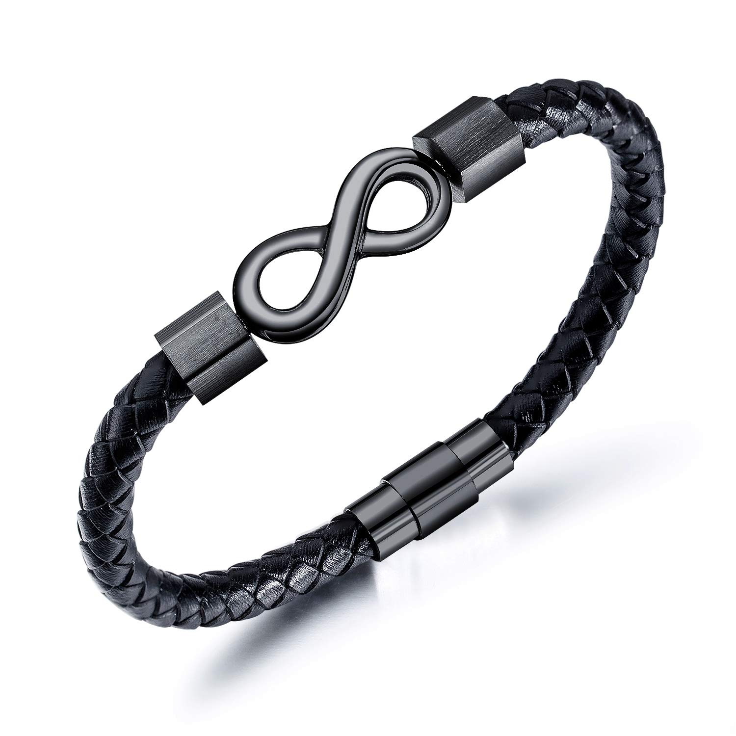 Feilok Men's Braided Leather Bracelet Classic Style Titanium Clasp with Magnets Infinity