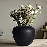 Black Vase for Flowers, 6.7” Black Ceramic Vases，Rustic Round Decor Vases for Living Room Table Decor, Matte Black Pottery Vase for Shelf, Entryway, Farmhouse and Modern Home Accent