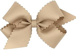 Wee Ones Girls' Classic Grosgrain Hair Bow with Scalloped Edges and Plain Wrap Center on a WeeStay Hair Clip, Medium, Oatmeal