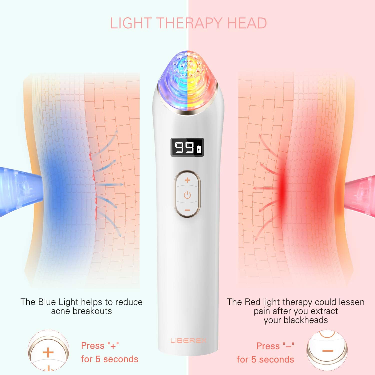 Liberex Blackhead Remover Pore Vacuum - Blue & Red Light Therapy Pore Cleanser, Diamond Microcrystalline Electric Acne Extractor, 4 Suction Heads with 5 Intensity Levels, USB Rechargeable (Rose Gold): Health & Personal Care