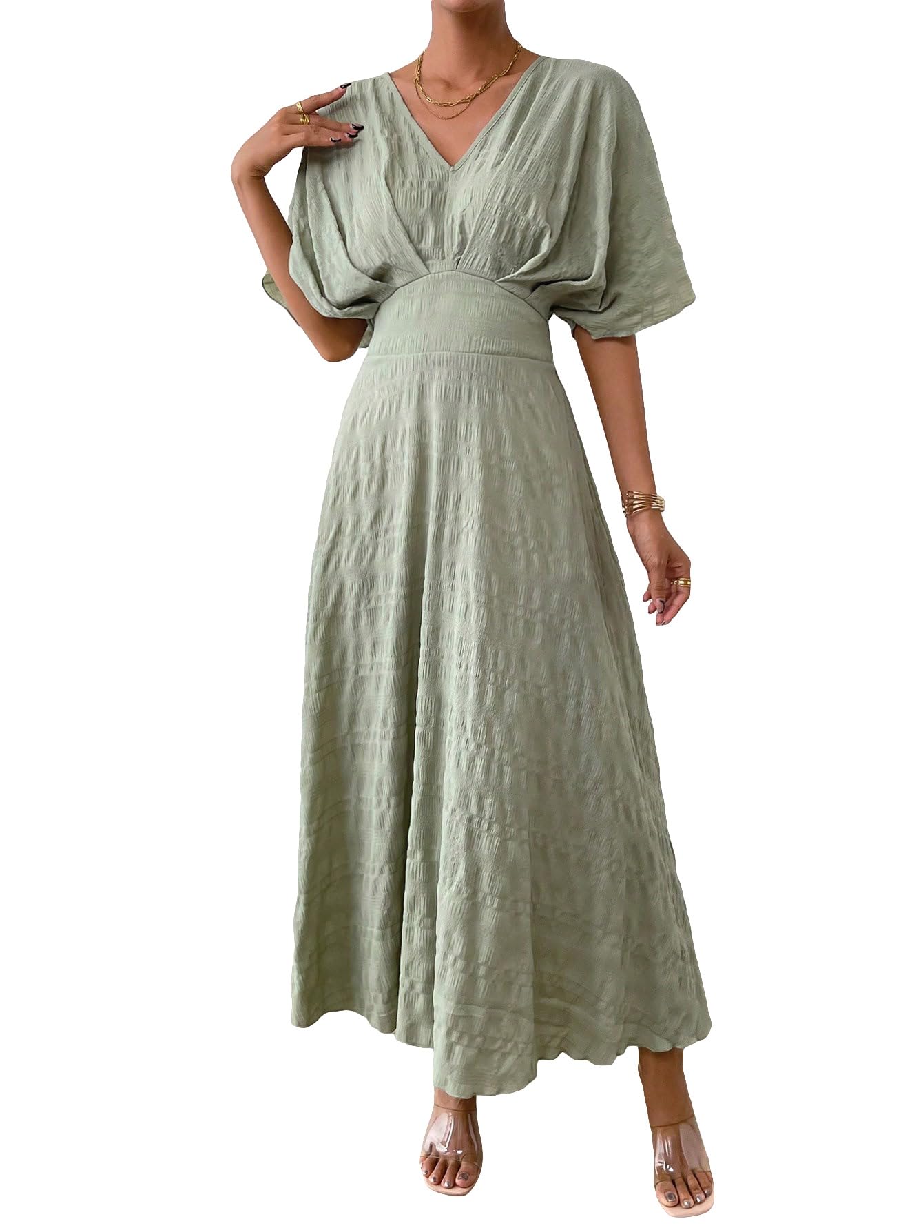 Photo 1 of (small) (used/fair) Floerns Women's V Neck Half Sleeve Ruched Cocktail Evening A Line Long Dress Bean Green S