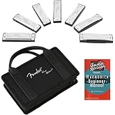 Fender Blues Deluxe Harmonica Pack of 7 Bundle with Carrying Case, Austin Bazaar Beginner Manual, and Polishing Cloth - Keys A, Bb, C, D, E, F, and G