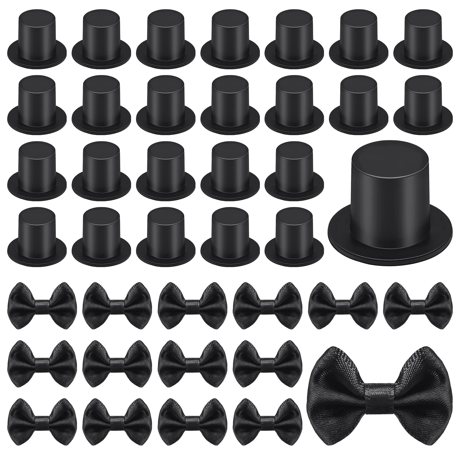 Photo 1 of 200 Pcs Include 100 Christmas Mini Top Hat Black Plastic Tiny Hats 100 Mini Satin Ribbon Bows Boutique Flower Bowknot Sewing Scrapbook DIY Snowman Crafting Project Wedding Birthday Party Decoration
