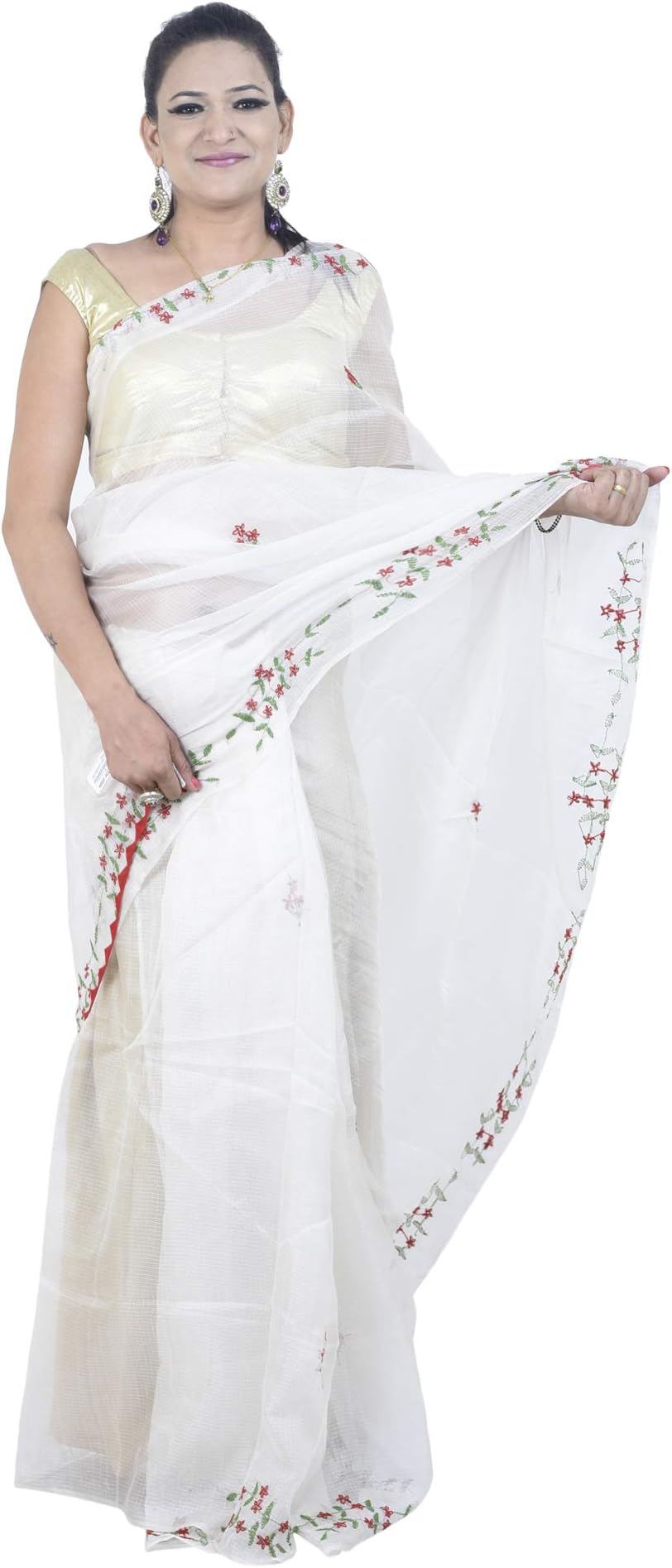 Tribes IndiaWomen's Cotton Saree with Blouse Piece (1STXWOMRJ05196_7_White, Maroon)