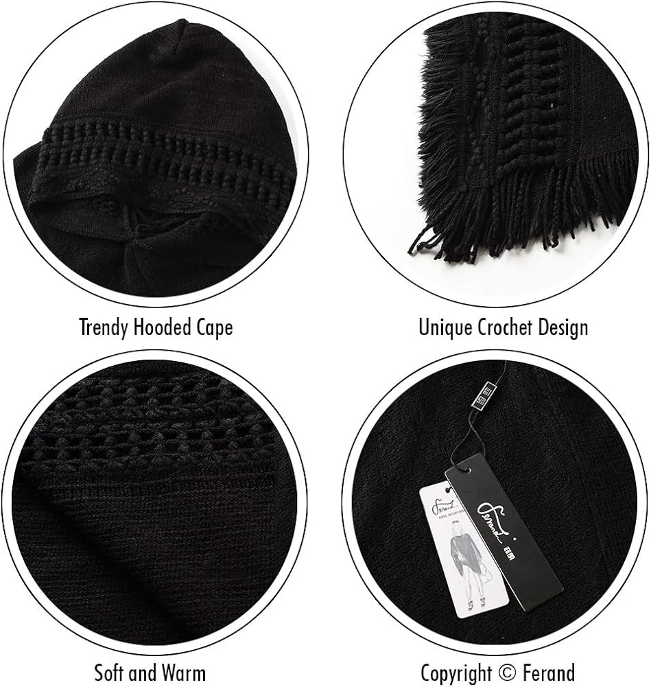 Ferand Ladies' Hooded Cape with Fringed Hem, Crochet Poncho Knitting Patterns for Women, Black at  Women’s Clothing store