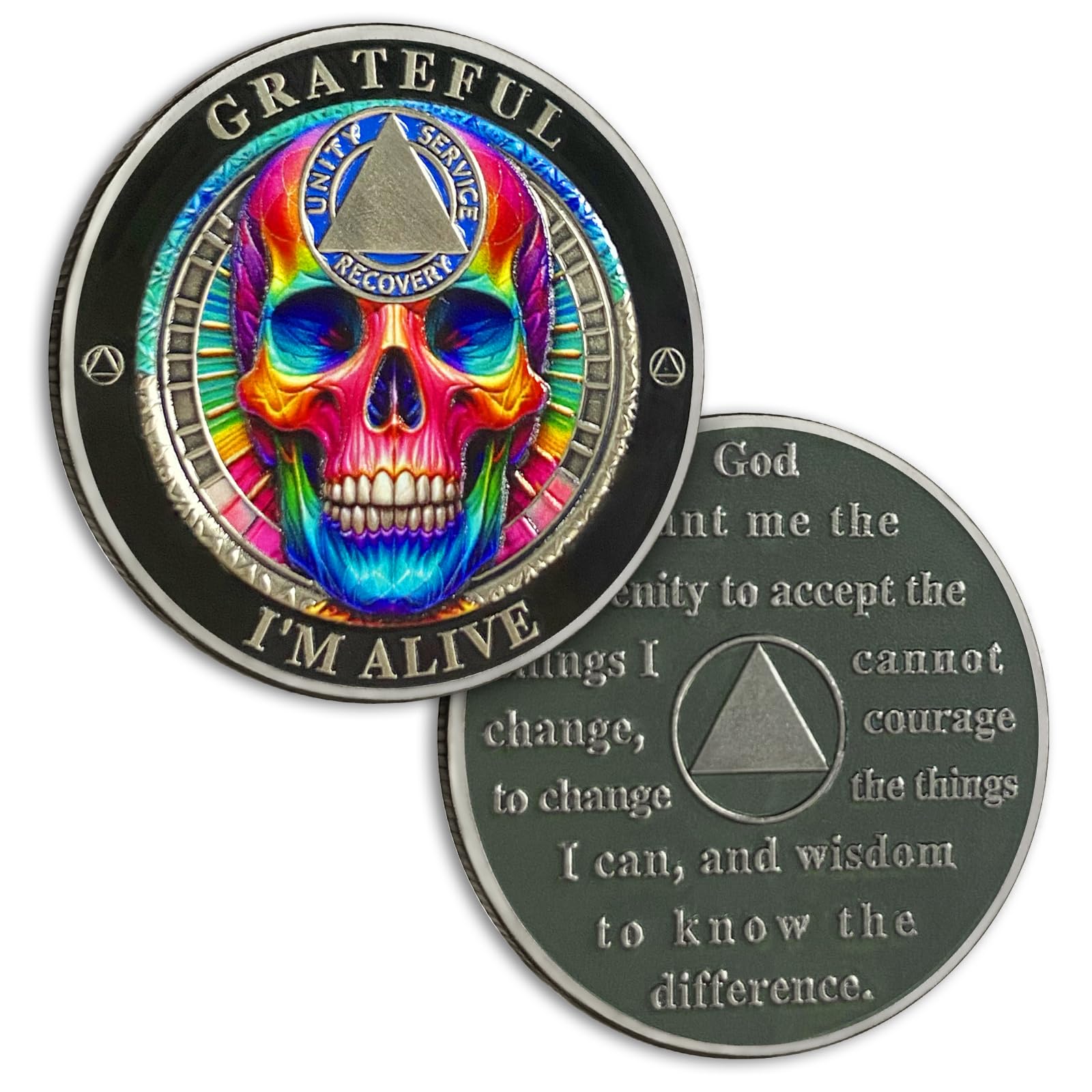 Colourful Skull Sobriety Coin Sobriety Chip Alcoholics Anonymous Medallion AA Chips and Medallion Serenity Prayer Coin Recovery Coins Anniversary Token Sober Gifts for Men Women