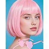 FSLLZCJY Light Pink Bob Wig with Heart Sunglasses - Heat-Resistant, Synthetic Fiber, Adjustable and Natural Looking