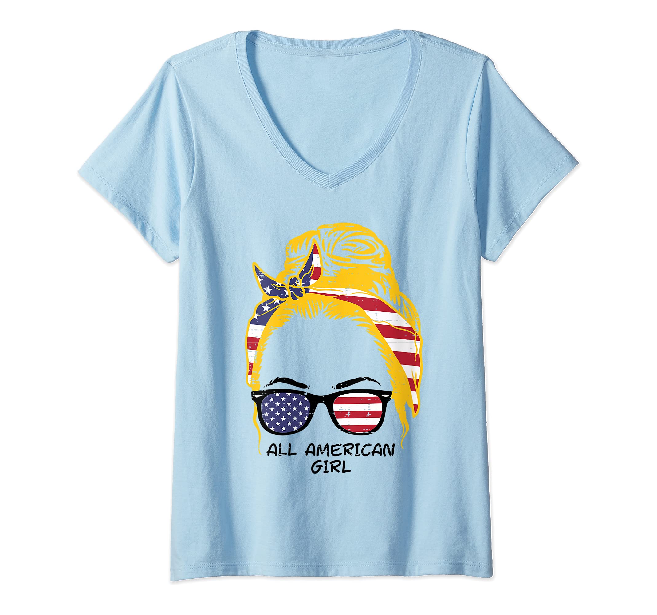 Womens All American Girl Blonde Hair Bun US Flag 4th Of July Women V-Neck T-Shirt