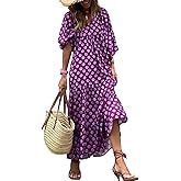 miduo Womens Loose Fit Casual Summer V Neck Half Sleeve Bohemian Geometric Pattern Maxi Long Dresses