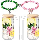 Yetene Pink and Green Party Decorations 4pcs Bows Witch Glass Cups Friendship Gift 2 Sets Iced Coffee Cups with Lids and Straws and 2 Pcs Matching Bracelets for Women Her Gifts Fans Party