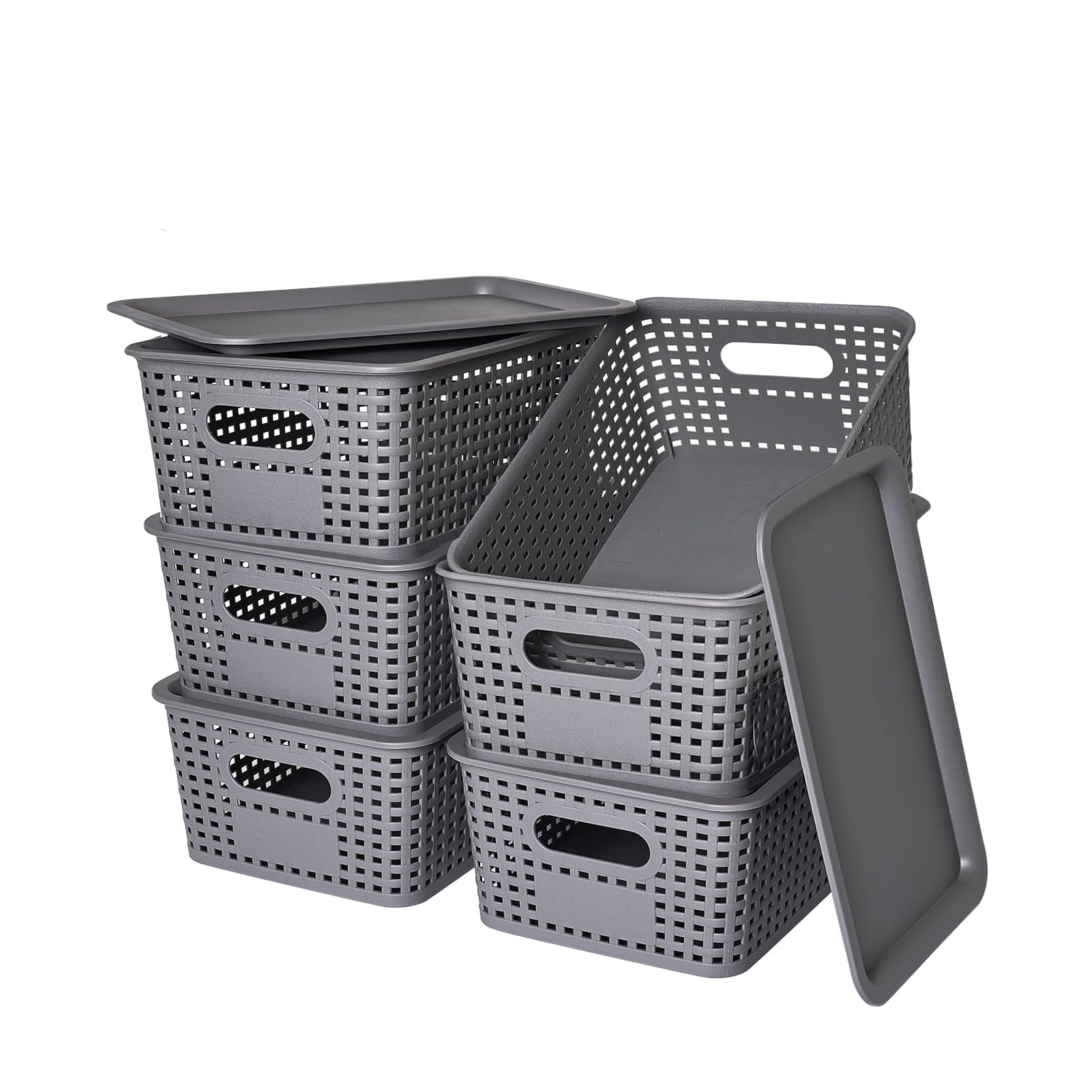 Plastic Storage Baskets with Lids, Stackable Storage Boxes with Handle Cupboard Organiser, Small Storage Bins for Bathroom Kitchen, Storage Organiser Boxes for Shelves Drawers Desktop 6 Pack Grey