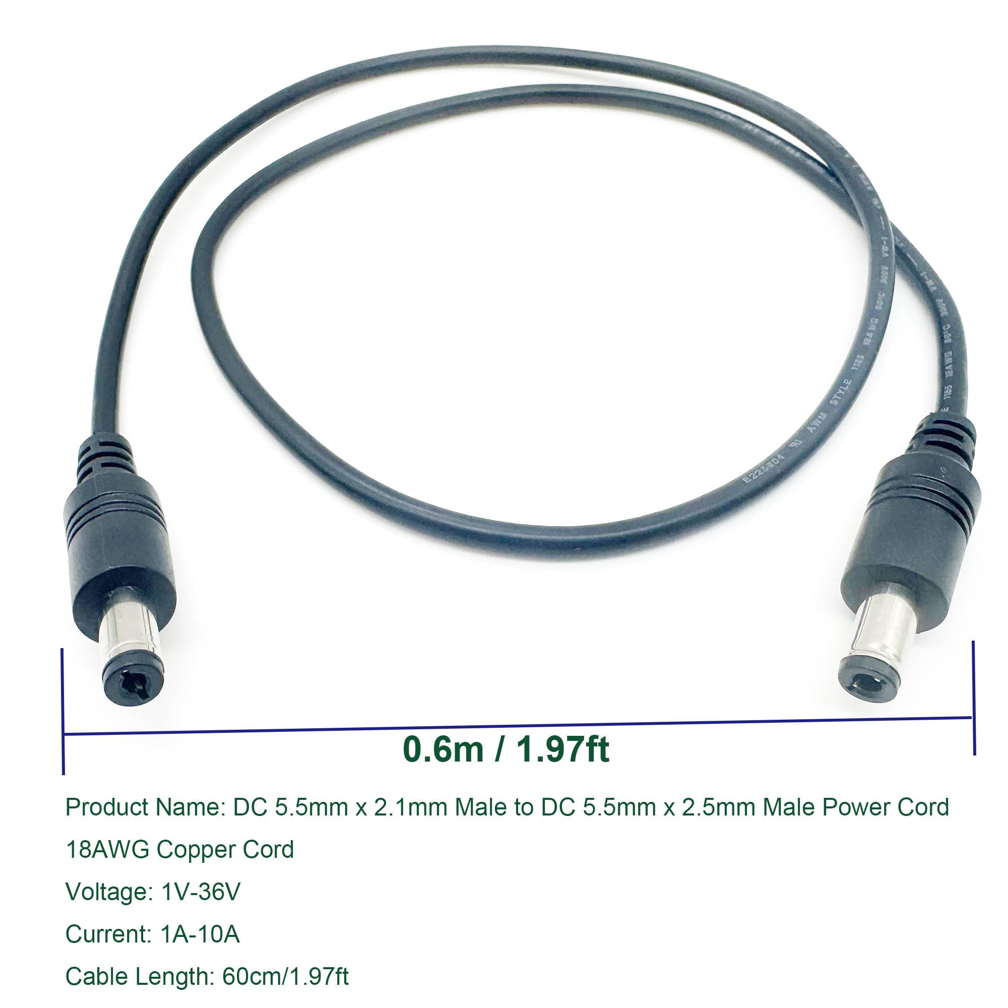 UpperFu 2pcs DC Power Plug 5.5mm x 2.5mm Male Plug to 5.5mm x 2.1mm Male Adapter Connector Cable Cord 60cm 18AWG for LED Strip, Surveillance Camera,CCTV Security Camera,LED Display,IP DVR,Router